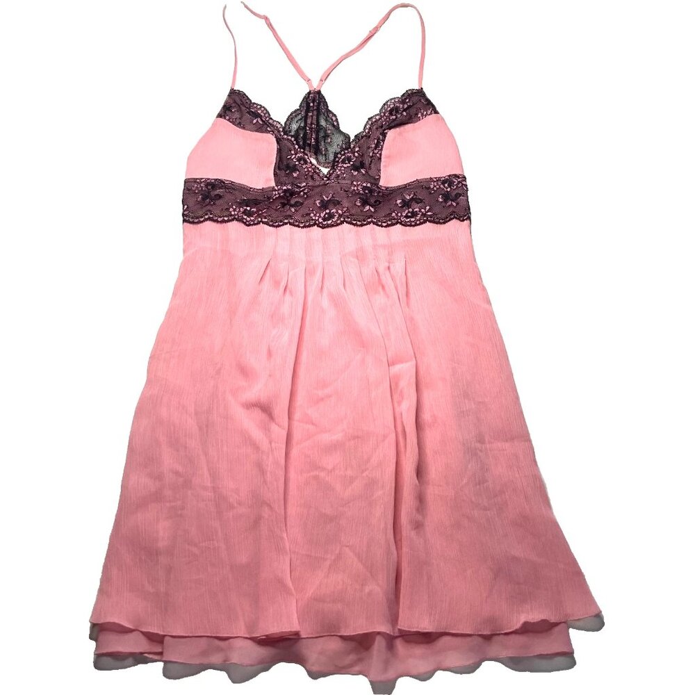Y2K Victoria’s Secret Pink & Black Lace Babydoll Slip Nightie Size Medium Womens